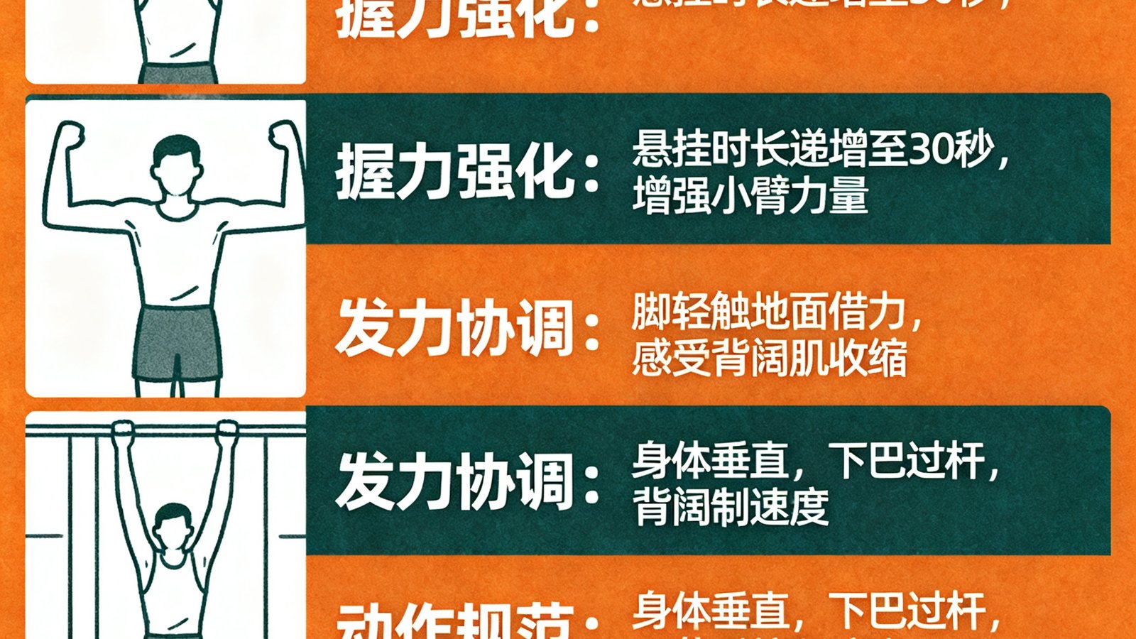 一张图文并茂的引体向上训练技巧信息图，展示了从悬垂训练到完整引体向上的五个阶段，每个阶段配有简笔画示意和要点标注，配色使用橙色和深绿色，风格专业而生动。