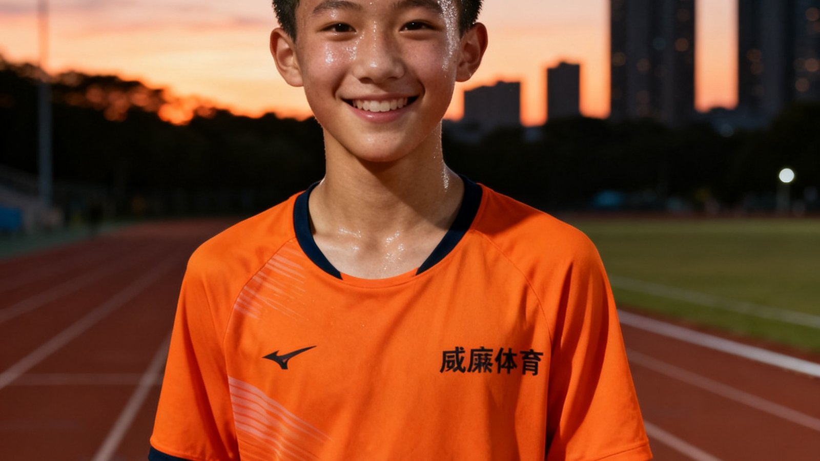 一位15岁的短发男生穿着威廉体育橙色训练服，站在田径场跑道终点线处微笑，额头上有细密的汗珠，背景是傍晚的训练场和远处的高楼剪影，他刚刚完成了1000米跑的个人最佳成绩。
